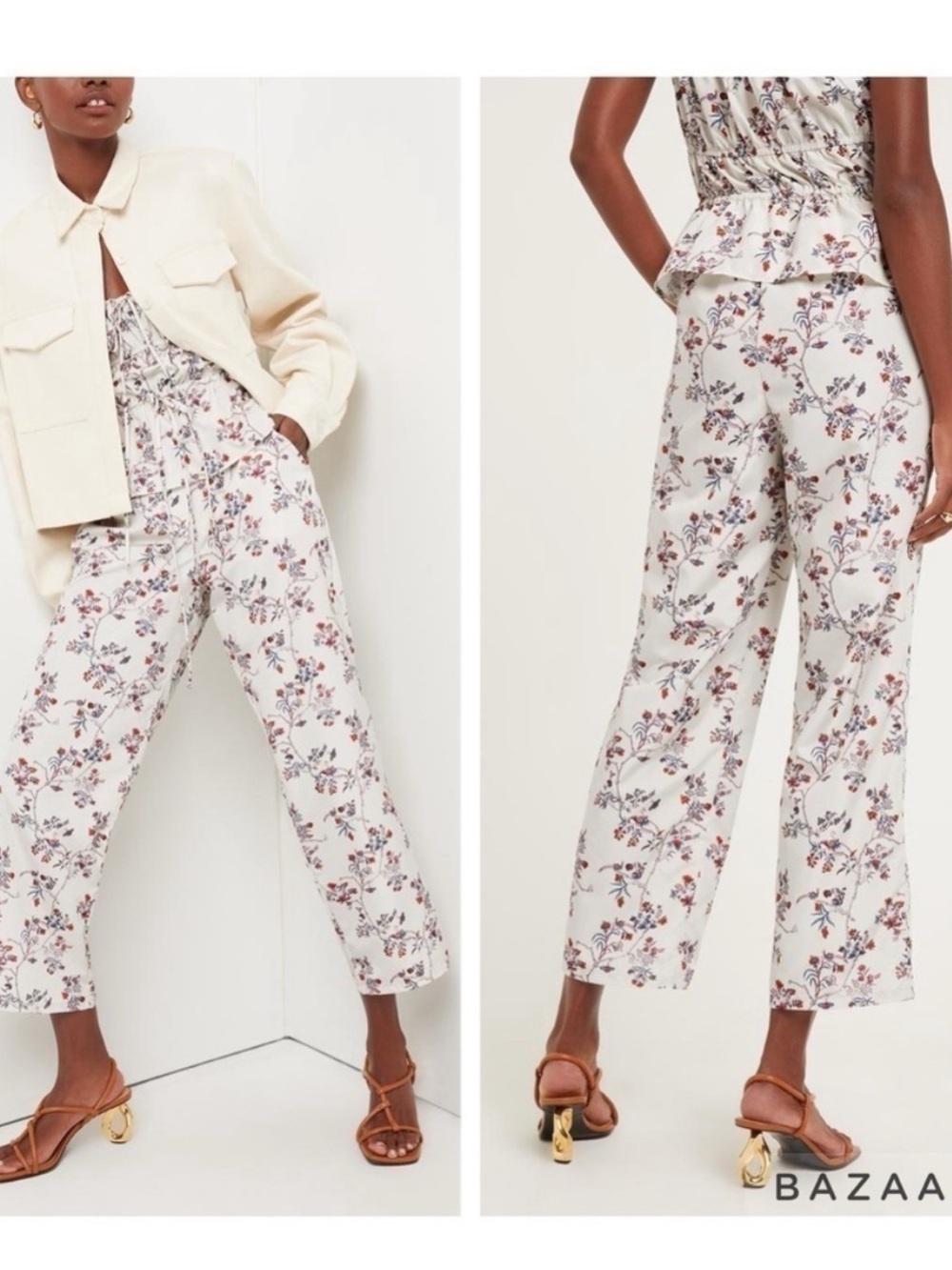 Ciao Lucia Pietro Floral Pant Cream Botanical Print Tapered Size S
